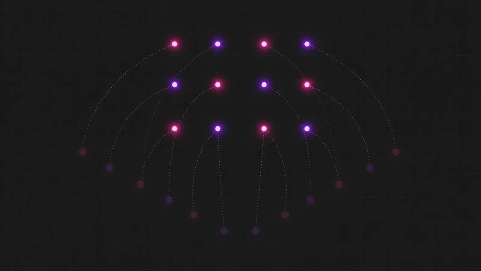 Stylized overhead view of dancer formations with animated transition paths on a stage